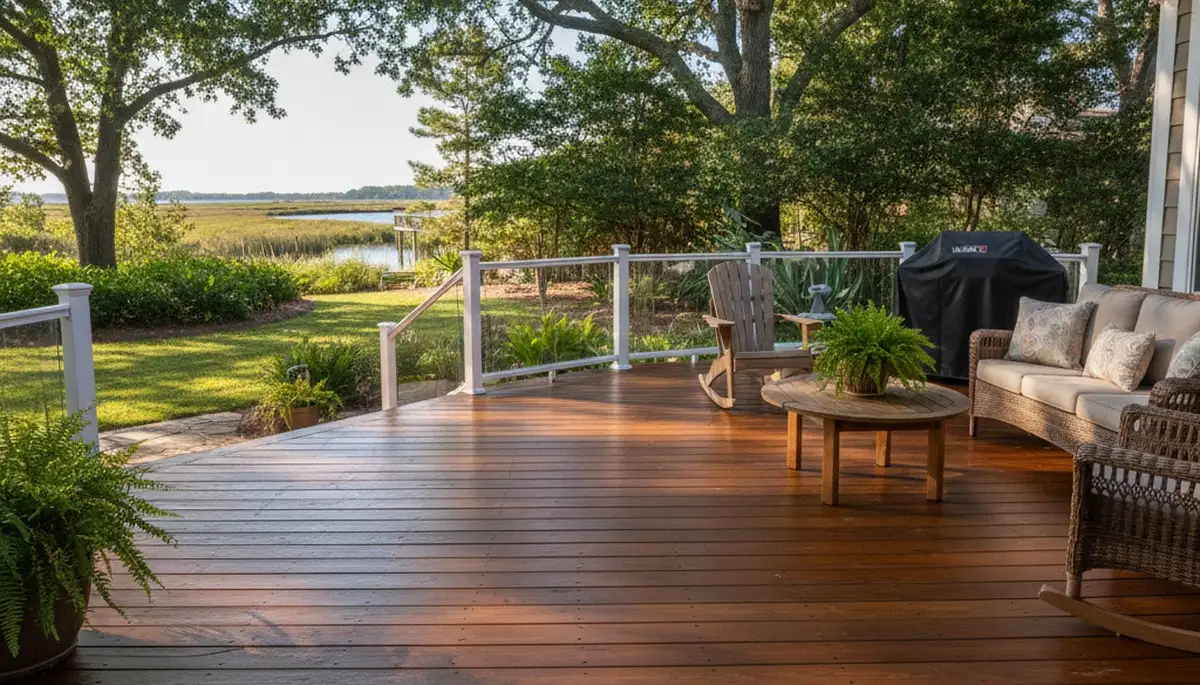 Finished deck staining in Virginia Beach VA showcasing restored wood and coastal weather protection