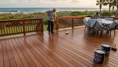 Professional deck staining in Virginia Beach VA enhancing wood color and protecting decks from coastal weather