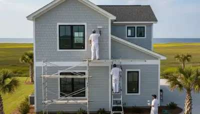 Professional house painters working on exterior home repaint in Virginia Beach VA