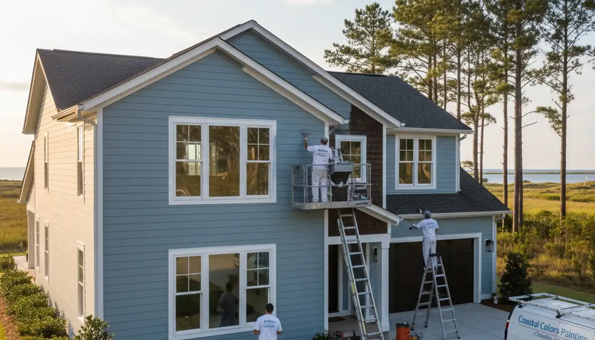 Professional house painters finishing exterior home in Virginia Beach VA