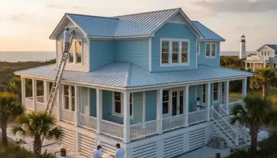 Professional house painters working on exterior home repaint in Virginia Beach VA