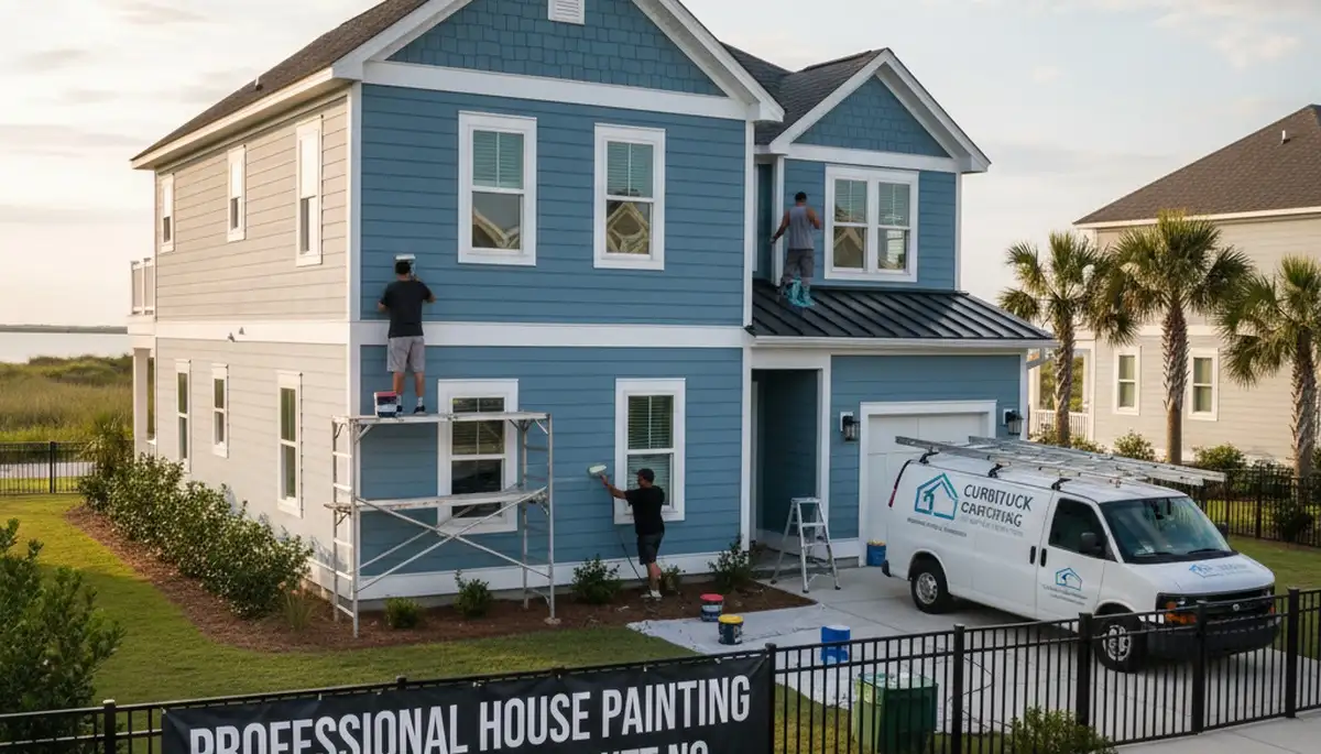 Professional house painters working on a coastal home exterior in Virginia Beach VA