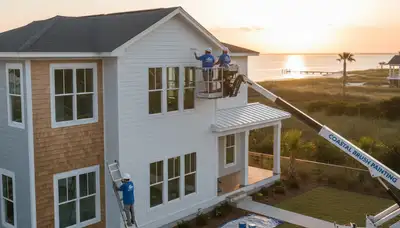 Professional house painters working on a coastal home exterior in Virginia Beach VA