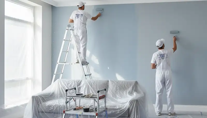 Professional interior painters finishing a living room in Virginia Beach VA with smooth coastal-friendly paint