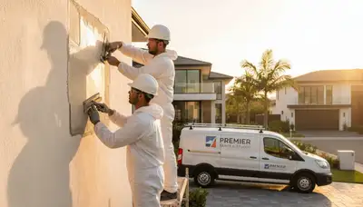 Professional stucco repair on Virginia Beach, VA home exterior restoring smooth finish and curb appeal