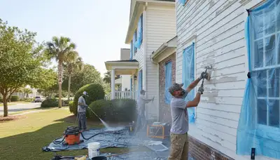 Crew sanding and prepping exterior siding for new paint in Virginia Beach, VA